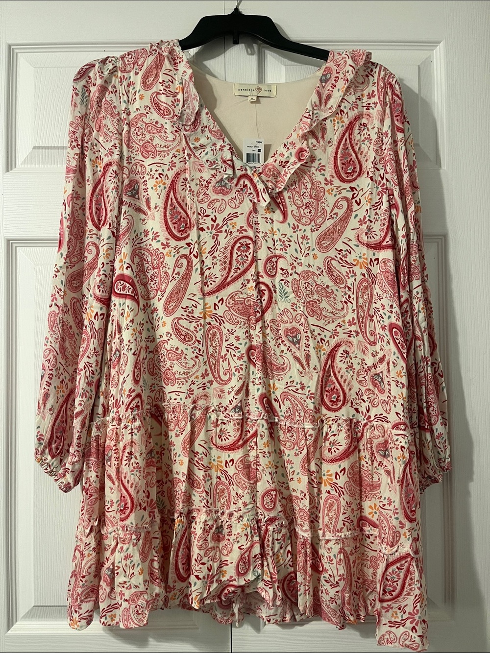 Paisley Ruffle V-Neck Women’s Tunic/Dress - Cream & Red